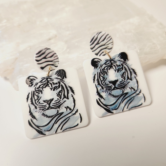Geometric Tiger Acetate Drop Earrings - Picture 1 of 4